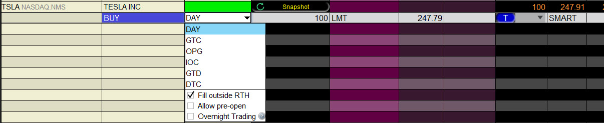 Fill outside RTH TWS